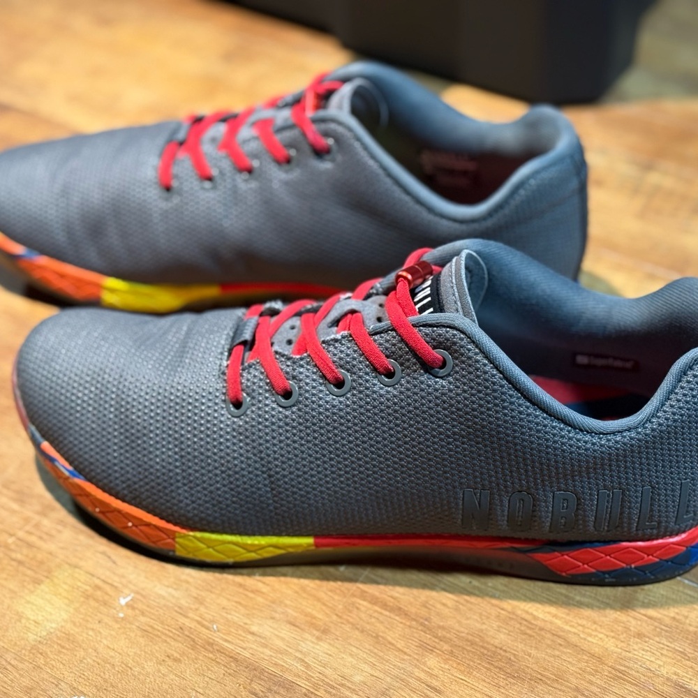 NOBULL Men's Gray Training Shoes with Red Accents.  Men’s 11/ Women’s 12.5